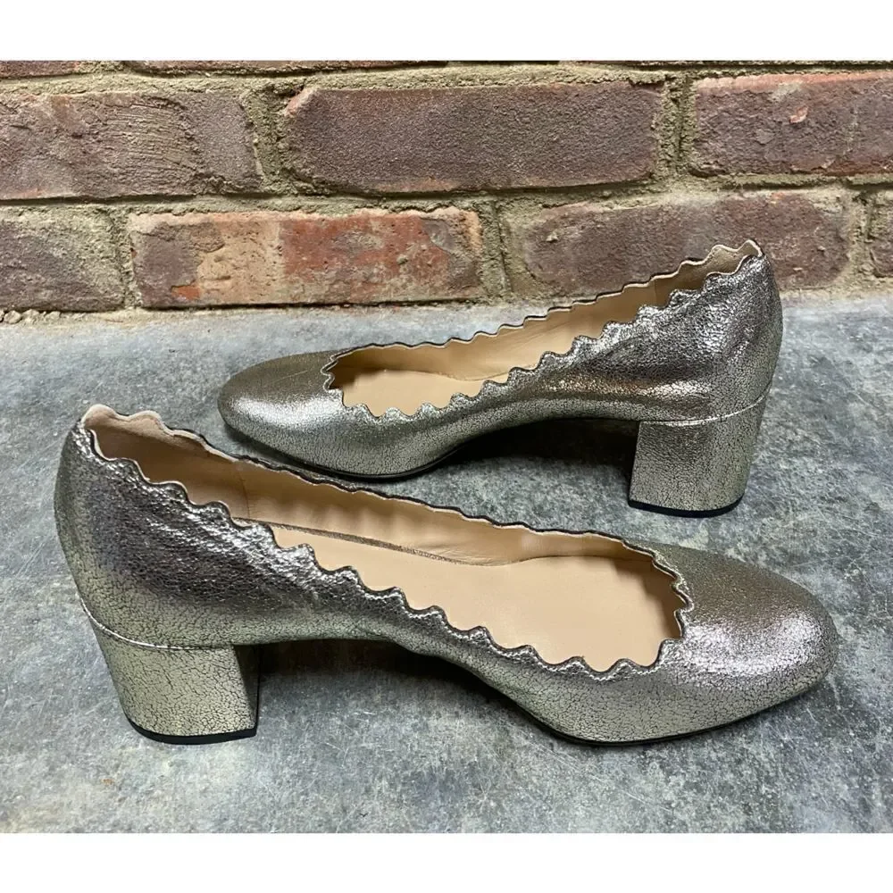 Chloe Glittery Metallic Gold Scalloped Leather Block Heel Size 7.5 NEW